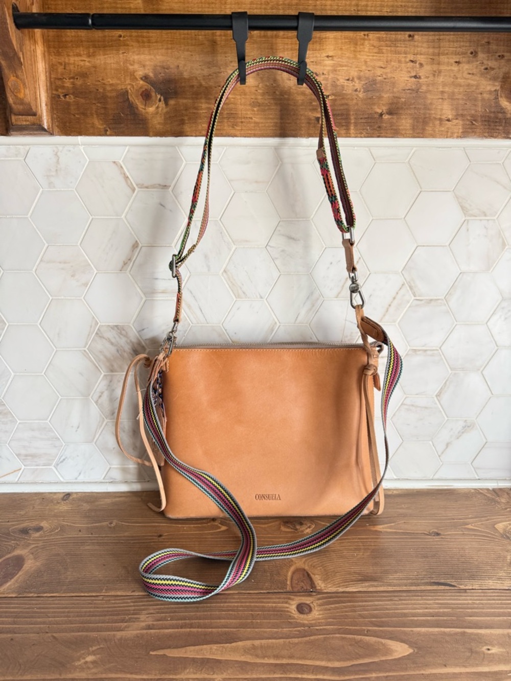 Consuela Cream Leather Crossbody with Multicolor Striped Strap
